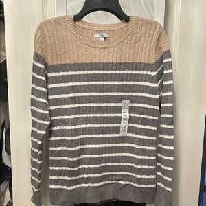 Women’s Beige and Gray Striped Crewneck Sweater